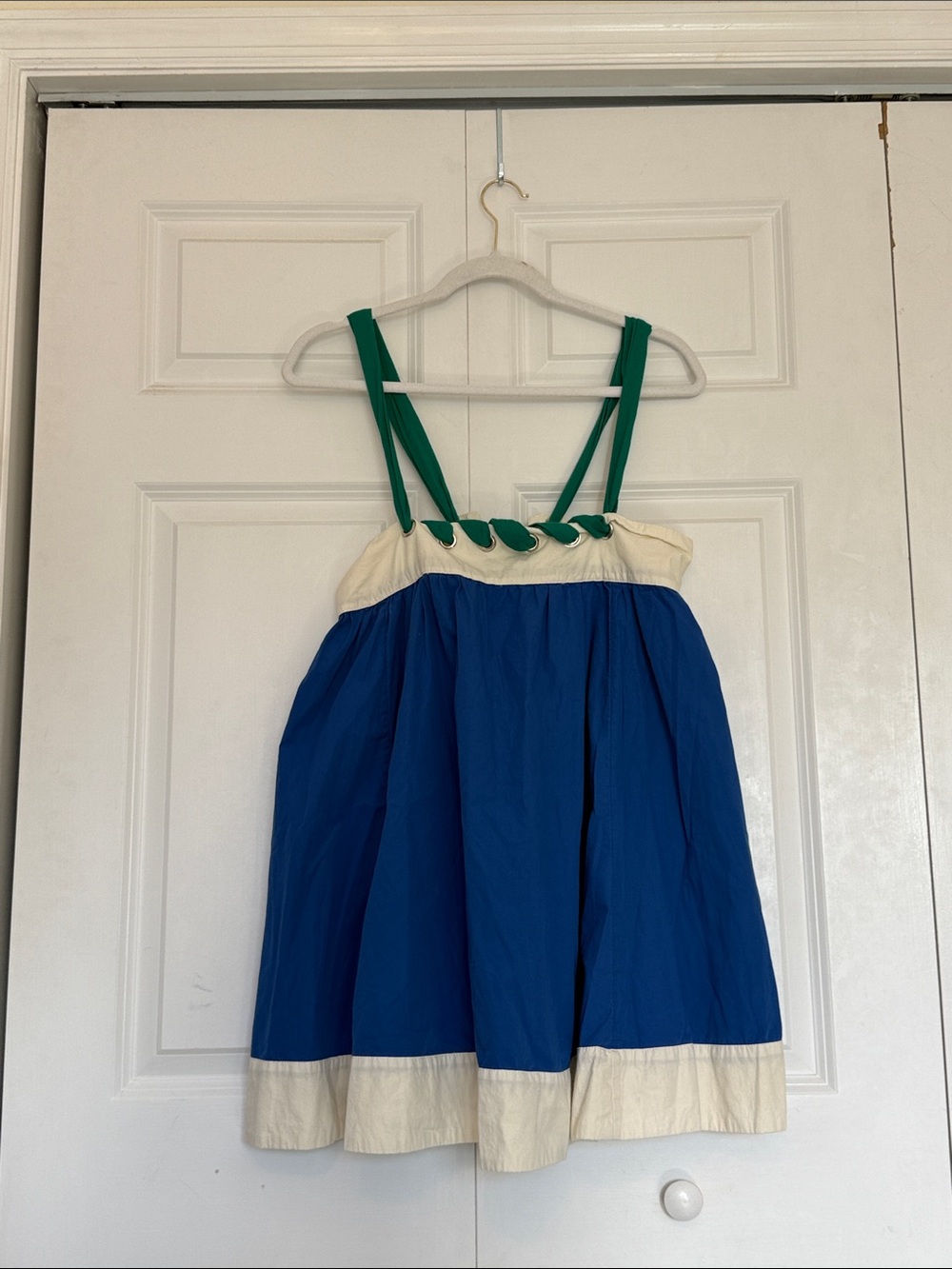 Anthropologie Blue and Cream Dress with Green Straps